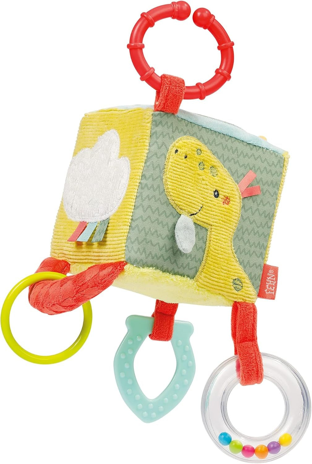 FEHN Happy Dino plišasta viseča kocka z ropotuljico 10 x 10 cm