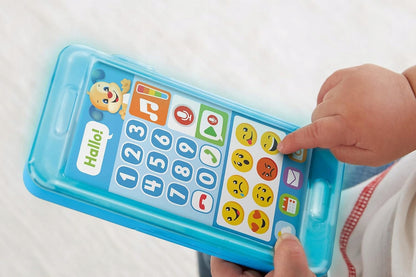 FISHER-PRICE FPR14 "nagraj wiadomość" smartfon interaktywny J.NIEMIECKI, niebieski, dla dzieci 18-36 mies., z emotikonami