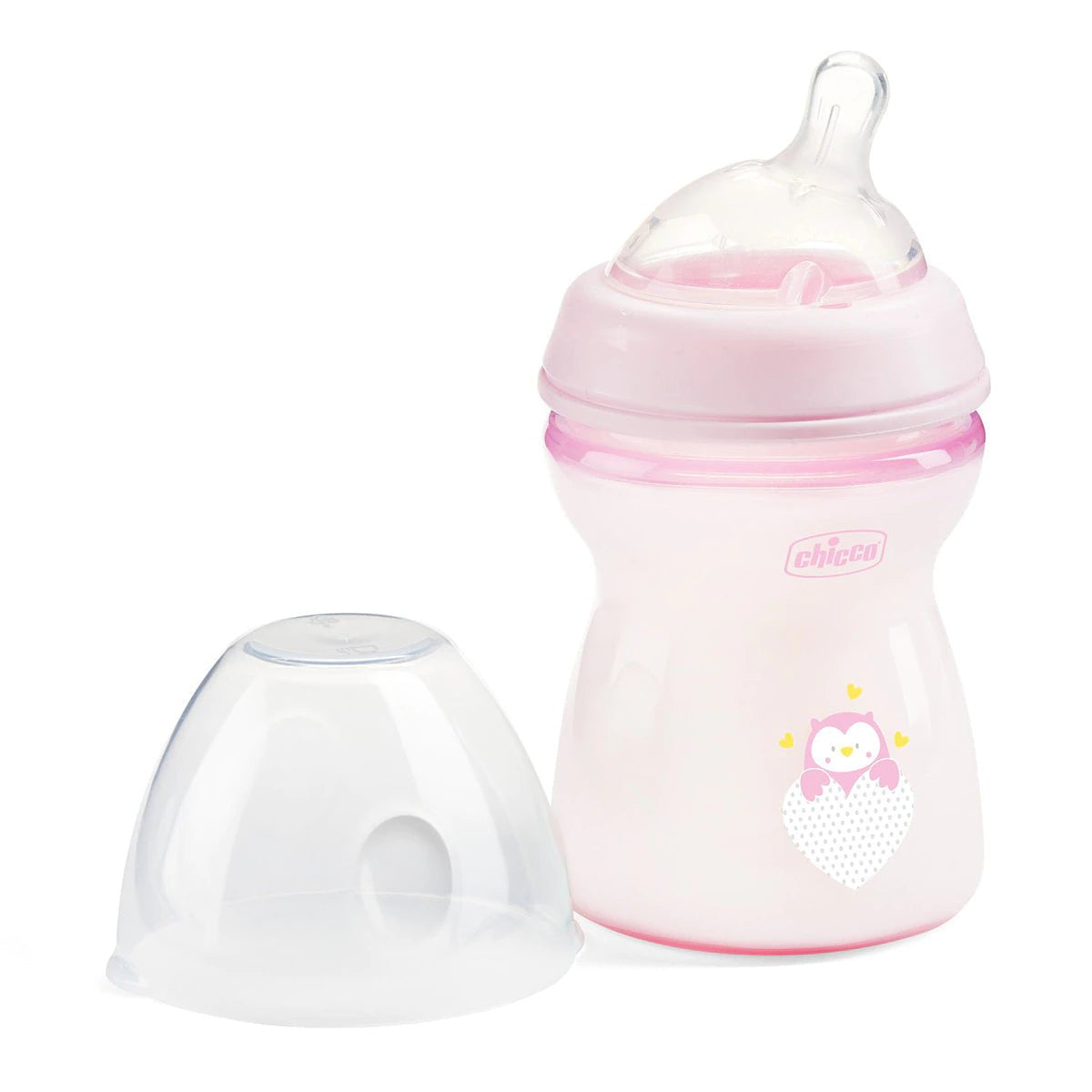 Chicco NaturalFeeling 250 ml – różowa butelka z sówką, widok pod kątem z osłonką obok