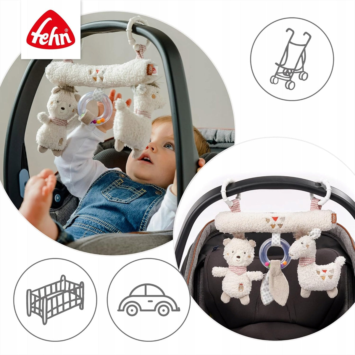 FEHN trapez zawieszka z grzechotką i piszczałką do wózka PERU, beżowa zabawka do wózka i fotelika
