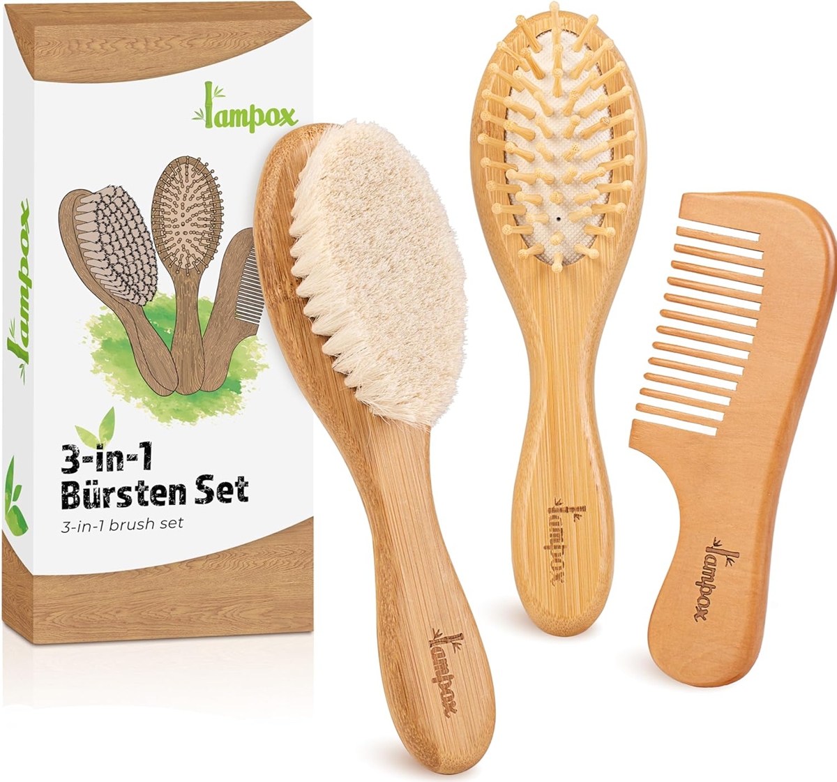 LAMPOX set de cuidado para bebé de madera con 2 cepillos y peine