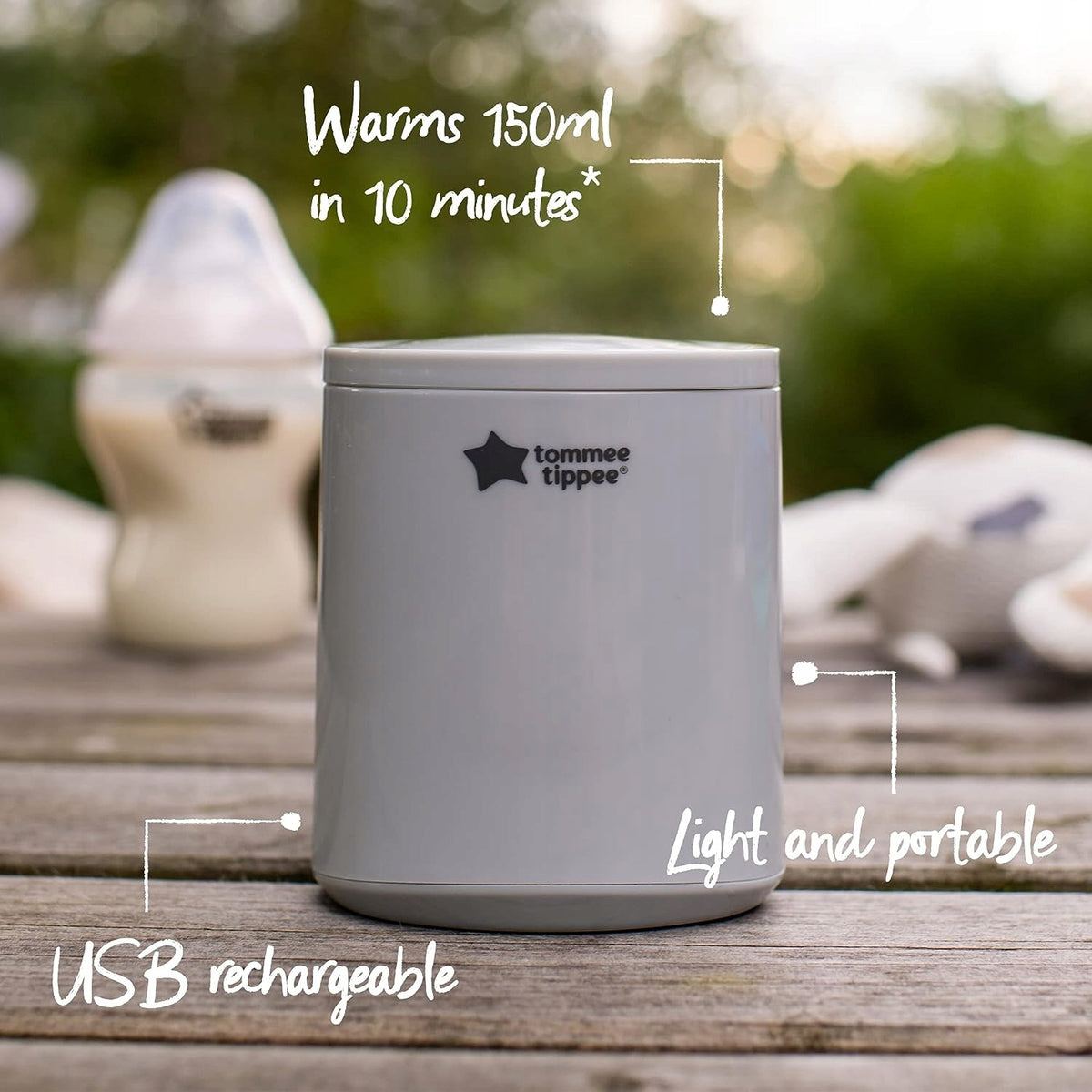 TOMMEE TIPPEE LetsGo podróżny podgrzewacz USB, szary, ładowanie USB, lekki i przenośny