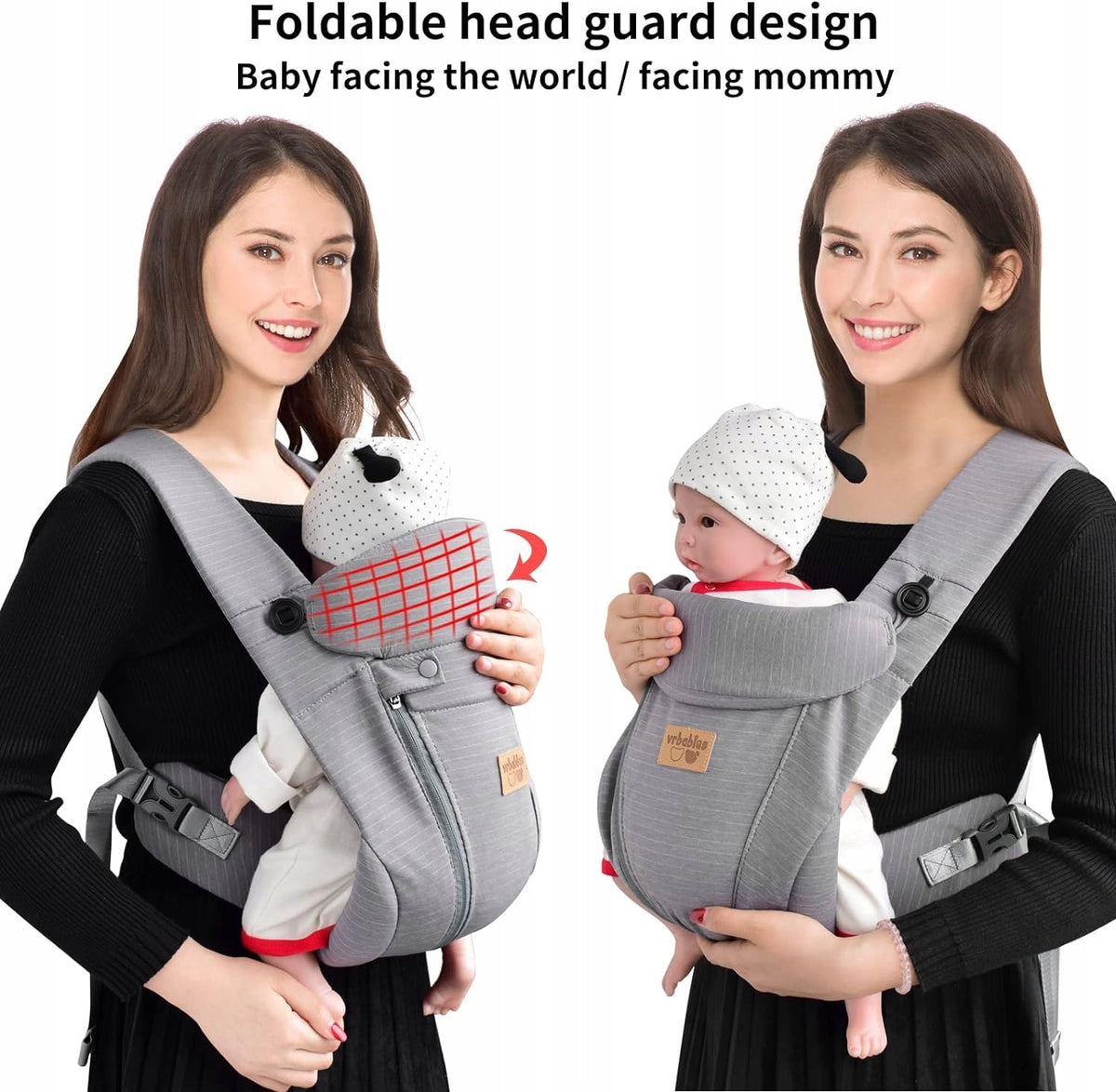 VRBABIES nosidełko ergonomiczne, szare, z regulowanym zagłówkiem, pozycja przodem i do mamy