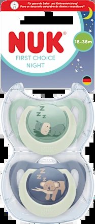 NUK First Choice Night smoczki uspokajające 18-36 mies. ortodontyczne smoczki nocne z elementem świecącym