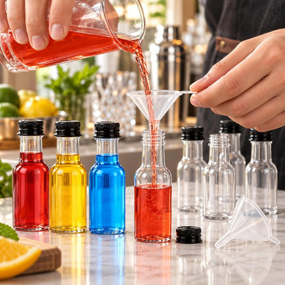 Dłoń przelewająca czerwony płyn przez lejek do małej butelki obok innych kolorowych butelek.