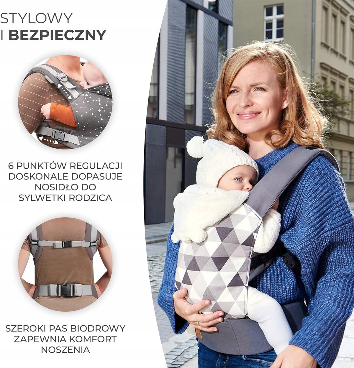 KINDERKRAFT NINO CONFETTI nosidełko ergonomiczne z dzieckiem, regulacją i szerokim pasem biodrowym